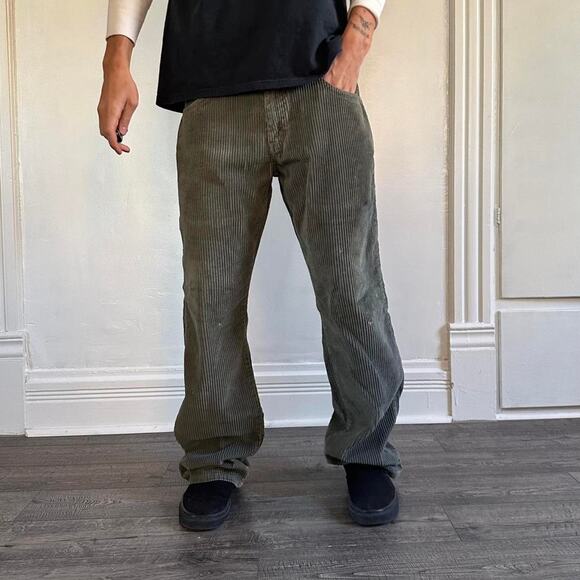 Vintage Green Olive Baggy Leg Silver Tab Cord Corduroy Pants